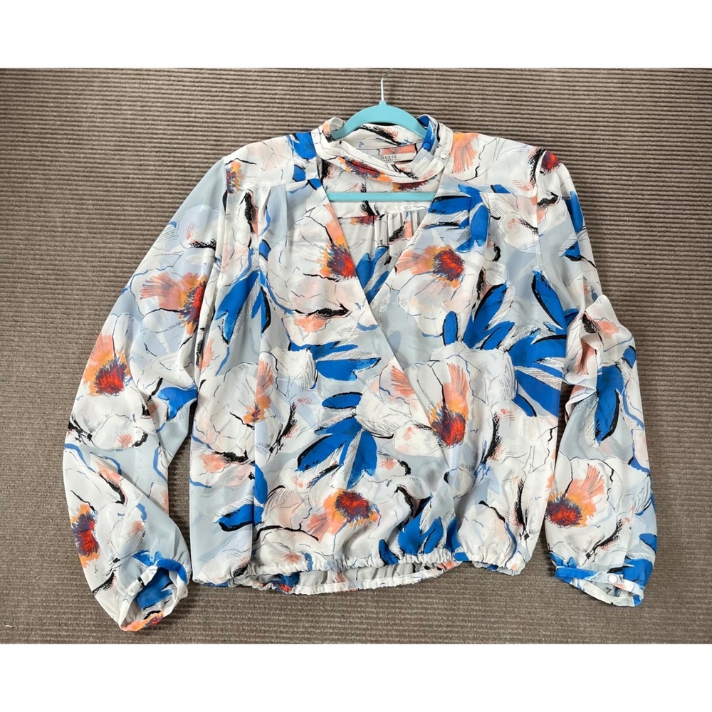 Guess Los Angeles Women XL Floral Choker Neck Cutout Blouse‎ Blue Orange